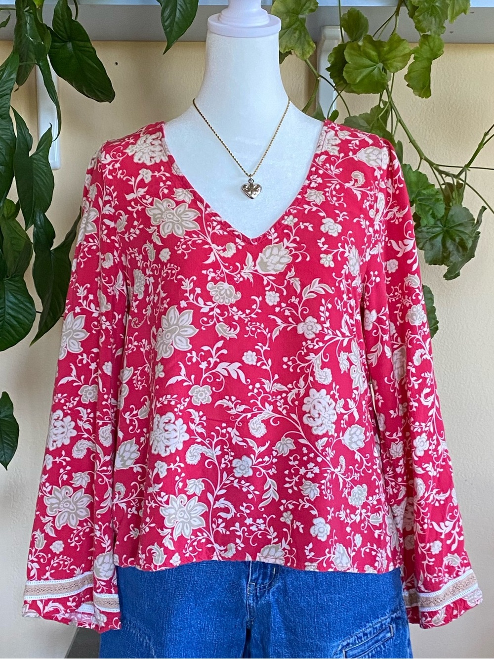 Shyanne Floral Boho Blouse Pink Rose Red V Neck Cottagecore Top Size M